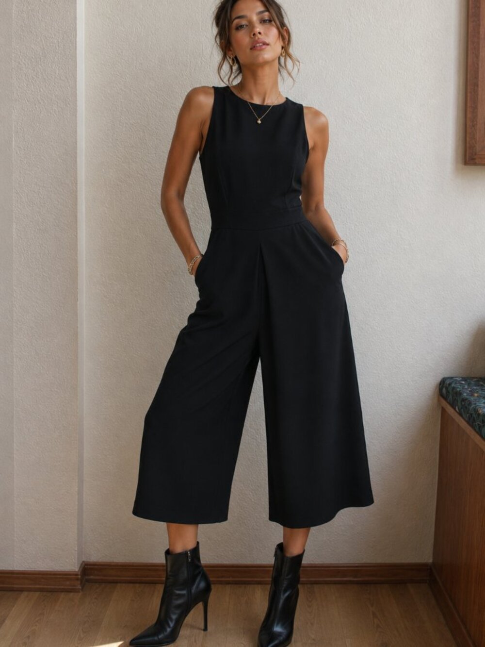 White House Black Market Dressy Midi Jumpsuit  0 Black Wide Leg Zip Back New!